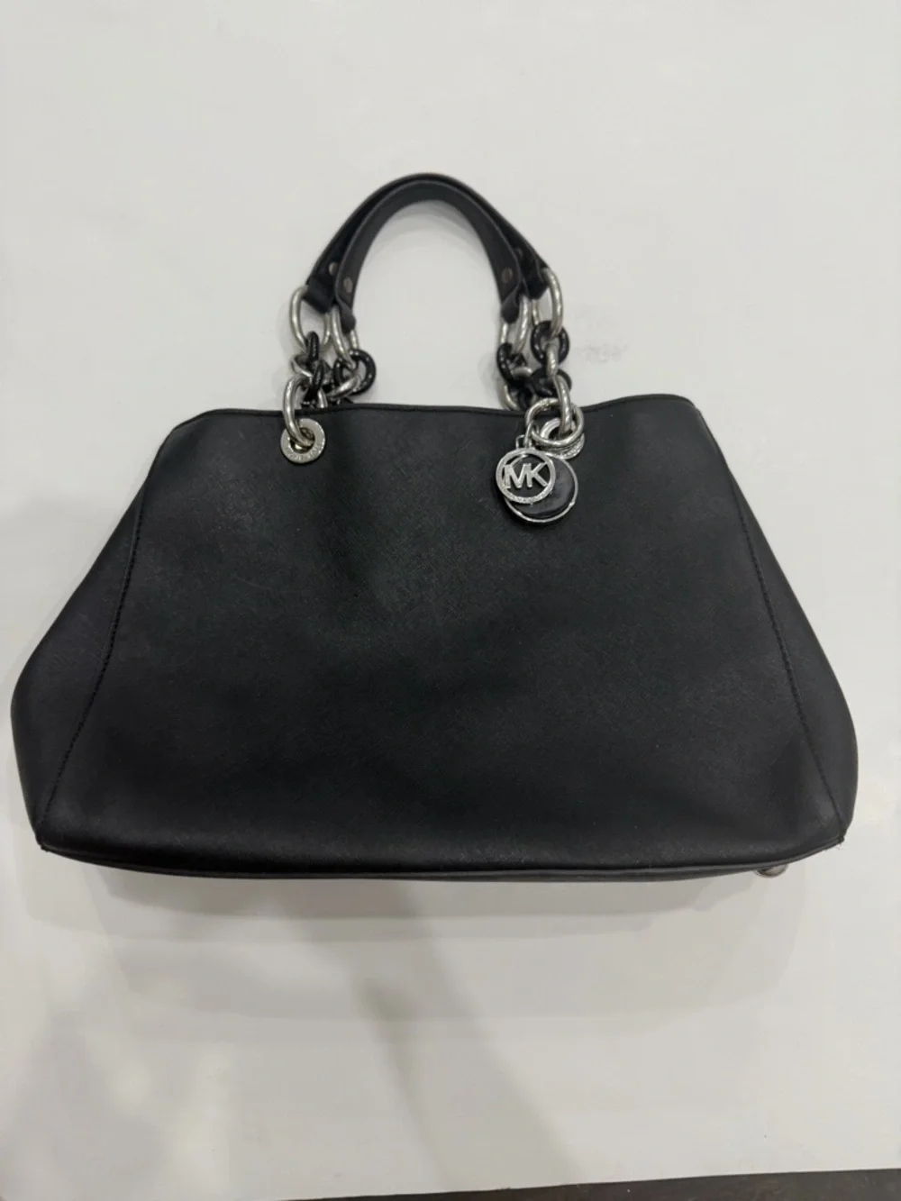 MICHAEL KORS Black Tote Shoulder Bag Silver Chain Strap MK Charm Classic